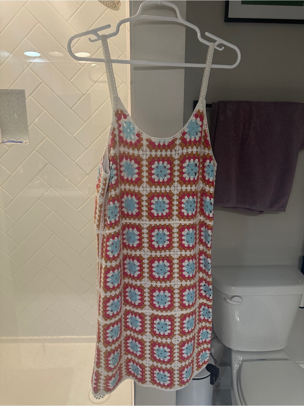 Crochet Square-Pattern Mini Dress in Red, Blue & White